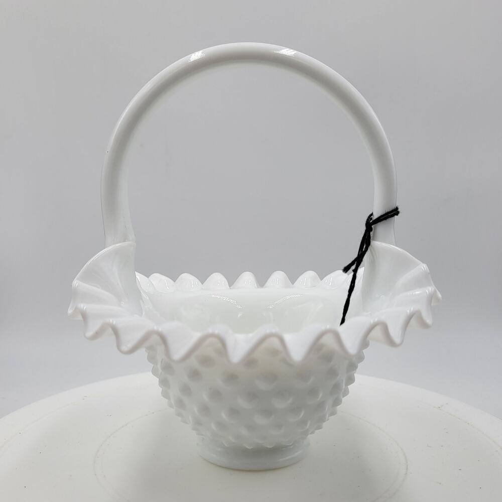 Vintage Fenton Hobnail Milk Glass‎ Art Basket with Handle Ruffled Edge Footed